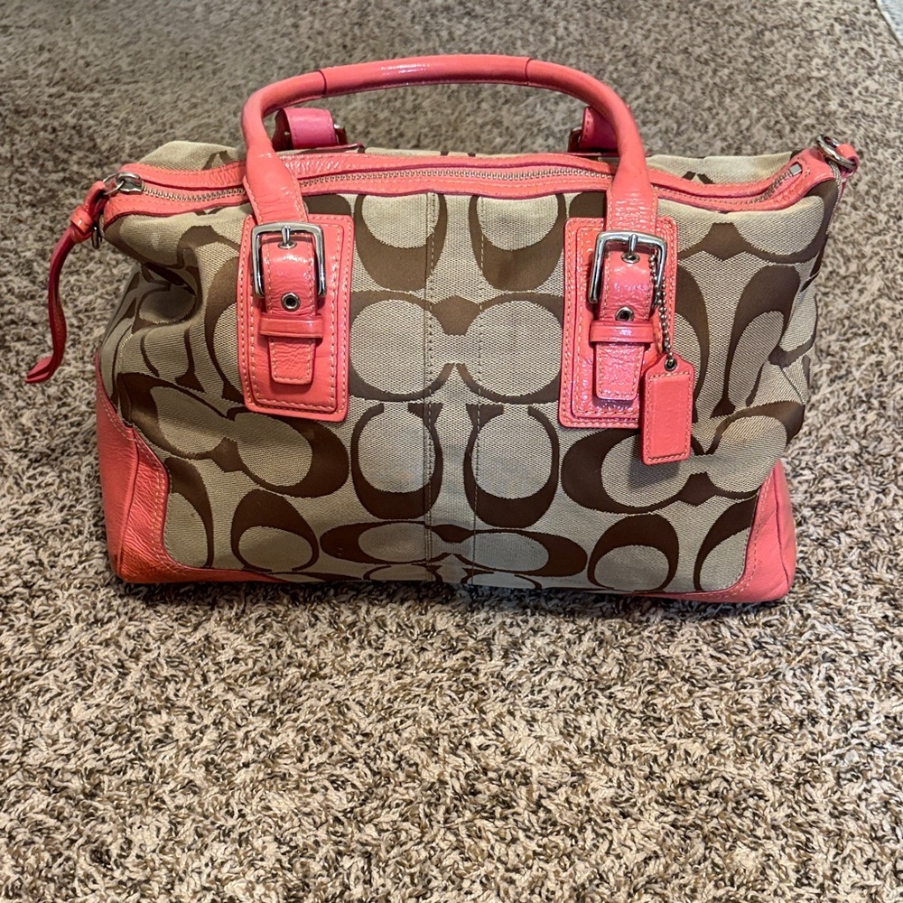 Vintage Authentic Coach Brown and Coral Shoulder Bag